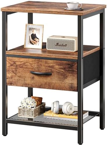 Huuger Night Stand with Fabric Drawer, Side Table with Mesh Shelf, Bedroom Nightstand, Fabric Drawer Dresser, Open Shelf, Metal Frame, Couch Side, Rustic Brown