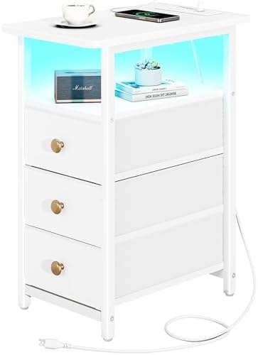 Yoobure End Table with Charging Station, LED Narrow Side Table Bedside Table, Small Night Stand End Tables Living Room, Skinny Nightstand with 3 Fabric Drawers, Side Tables Bedroom for Small Spaces