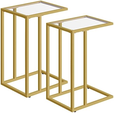 HOOBRO C Shaped End Table Set of 2, Tempered Glass Snack Side Table with Metal Frame, TV Tray Table for Small Space, Sofa Couch and Bed, Modern Style, Gold GD03SFP201