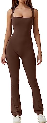 QINSEN Black Jumpsuit for Women Sleeveless Sexy Suqare Neck Stretch Flare Leggings Romper Unitard