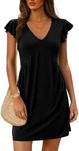 Dokotoo Women's Summer Dresses 2025 Beach Casual Deep V Neck Loose Sundress Ruffle Sleeve Mini Dress