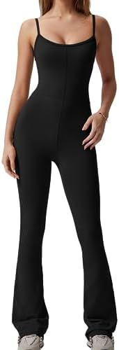 QINSEN Flare Jumpsuits for Women Spaghetti Straps Scoop Neck Bodycon Full Length Casual Unitard Playsuit