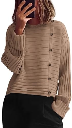 PRETTYGARDEN Womens Sweaters Fall 2024 Casual Long Sleeve Crewneck Button Loose Winter Knit Pullover Sweater Tops