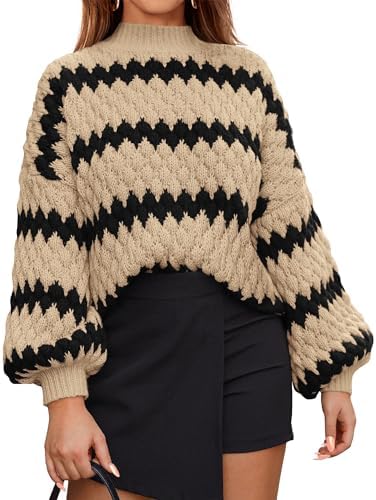 KIRUNDO Womens Fall Sweaters 2024 Oversized Lantern Sleeve Striped Color Block Mock Neck Chunky Cable Knit Cropped Sweater