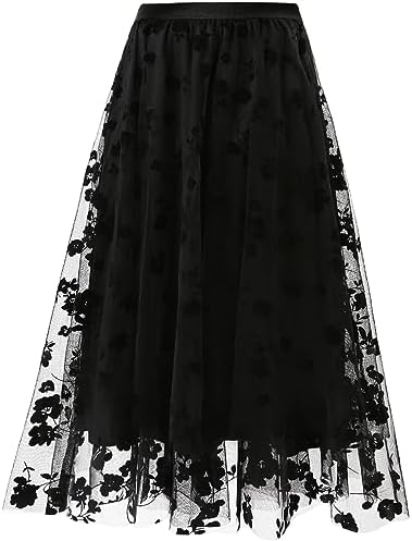 Women's A Line Tulle Midi Skirt Tutu Tiered Petticoat Skirts Tea-Length Elastic Waist Tutu Skirts