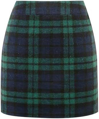 IDEALSANXUN Womens Wool Plaid Mini Skirt Fall Winter High Elastic Waist Short Pencil Skirt