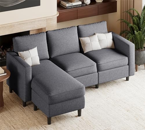 JAMFLY Sectional Sofa Couch for Living Room, Small 3-Seat L Shaped Couch with Chaise, Convertible Sofa Clearance Set for Small Space, Dark Grey