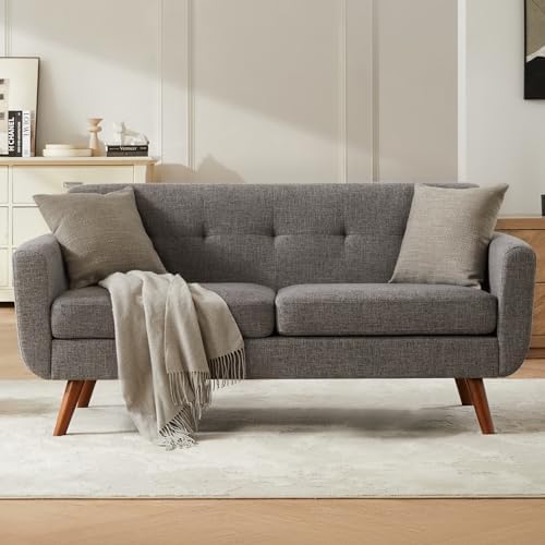 Tbfit 65" W Loveseat Sofa, Mid Century Modern Love Seat Couches for Living Room, Button Tufted Upholstered Small Couch for Bedroom, Solid and Easy to Install Love Seats Furniture, Grey