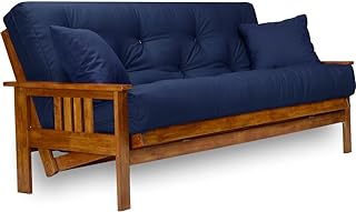 Nirvana Futons Stanford Futon Set - Full Size Futon Frame with Mattress Included (8 Inch Thick Mattress, Twill Navy Blue Color), Heavy Duty Wood, Popular Sofa Bed Choice