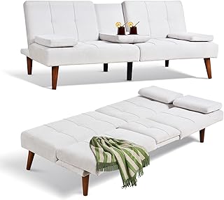 COLAMY Futon Sofa Bed-Fabric Small Futon Couch, Futon Lounge Sofa, Futon Convertible with Cup Holder, Removable Armrest, Adjustable Backrest Beige