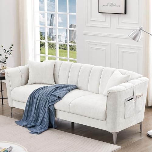 HOSTACK 77" Sofa, Modern Sofa Couch with Deep Seats, Comfy 3 Seater Sofa with 2 Throw Pillow and Pockets, Chenille Upholstered Sofa for Apartment, Living Room, Office, White