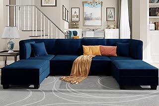 Vongrasig 6 Pieces Sectional Couch Modular Sofa with Reversible Chaise Velvet U-Shaped Couch Sofa 6-seat Modular Large Sectional Couch with Ottoman for Living Room, Upholstered Cushion (Dark Blue)