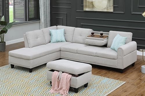 EMKK Living Room Furniture Sets Sectional Sofa Modern L-Shaped Sofá with 2 Pillows and Ottoman,Upholstered Corner Couch Extra Wide Fabric Left Chaise Lounge