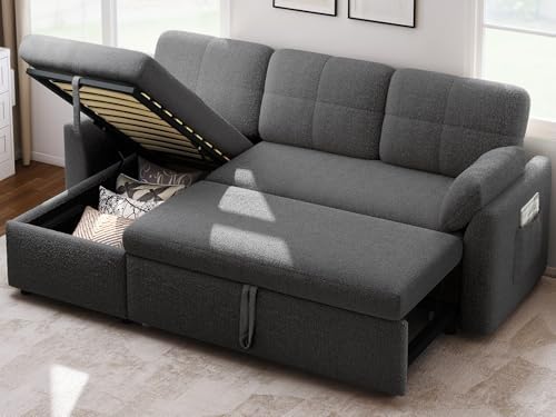 YITAHOME 86" Sleeper Sofa, 2 in 1 Convetible Sofa Bed with Pull Out Couch Bed and Storage Chaise,L-Shape Sectional Sofa for Living Room, Teddy Fleece, Grey