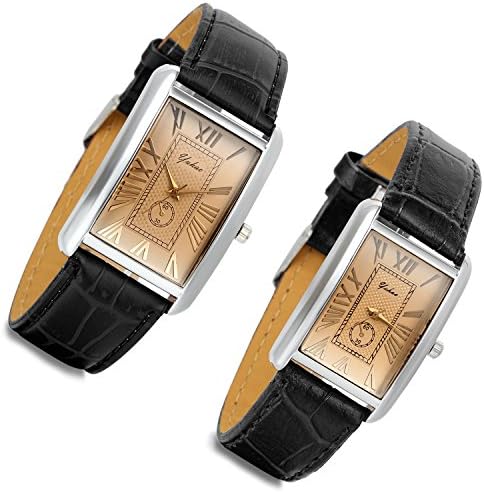 Lancardo Romantic Couple Watch Set Square Watches Love for Men and Women 2 Pcs Retro Vintage Silver Tone Case Crocodile Pattern Black Leather Wristwatch for Father's Day