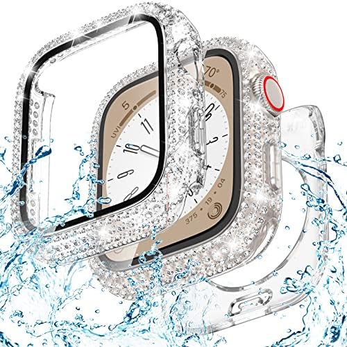 Goton 2-in-1 Waterproof Bling Case for Apple Watch 44mm Series 6 5 4 SE SE2 Screen Protector, Glitter Diamond Rhinestone Bumper Face Cover for iWatch 44 mm Accessories Women