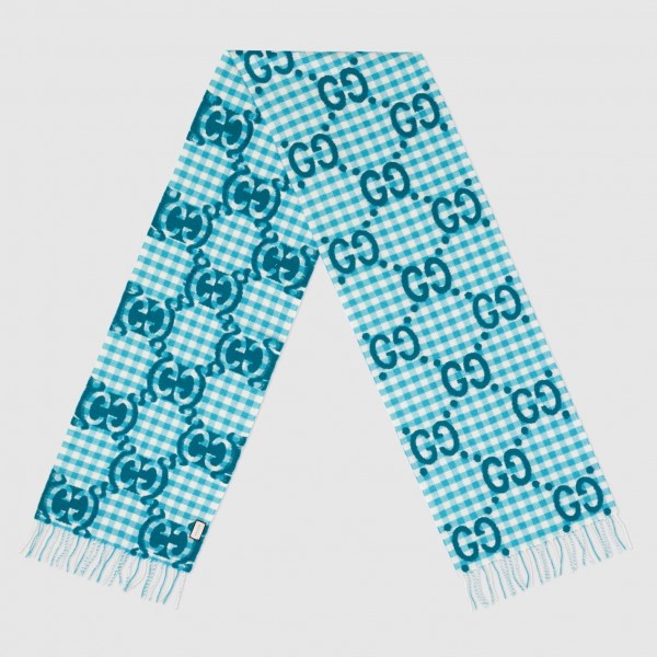 Gucci Turquoise and Ivory GG Wool Jacquard Scarf