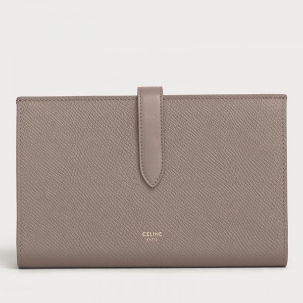 Celine Large Strap Wallet In Grey Grained Calfskin